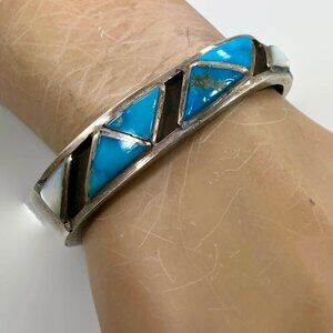 Turquoise Bracelet, Black Onyx, MOP, Vintage, Sterling Silver, Native American